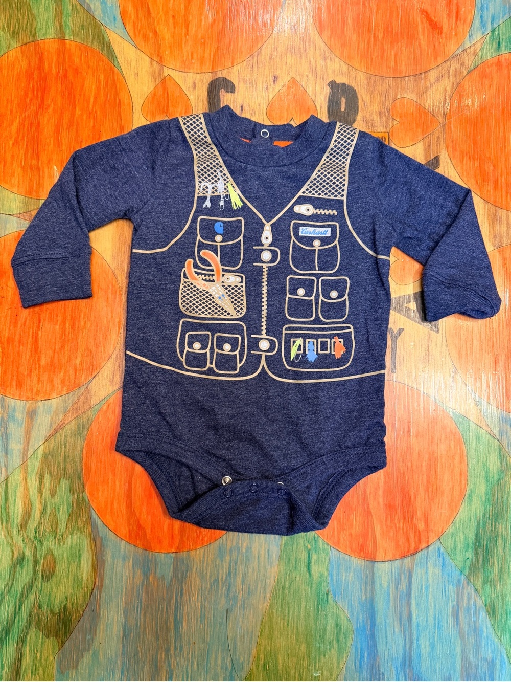 Carhartt Boys Long Sleeve 1-Pc Bodysuit Navy Blue Fishing Graphics Sz 6 Month Co